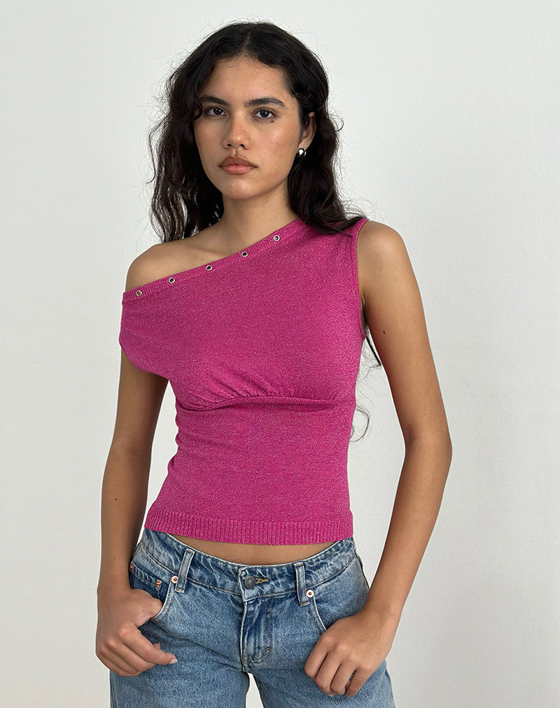 Top Sojin en Lurex rose avec œillets