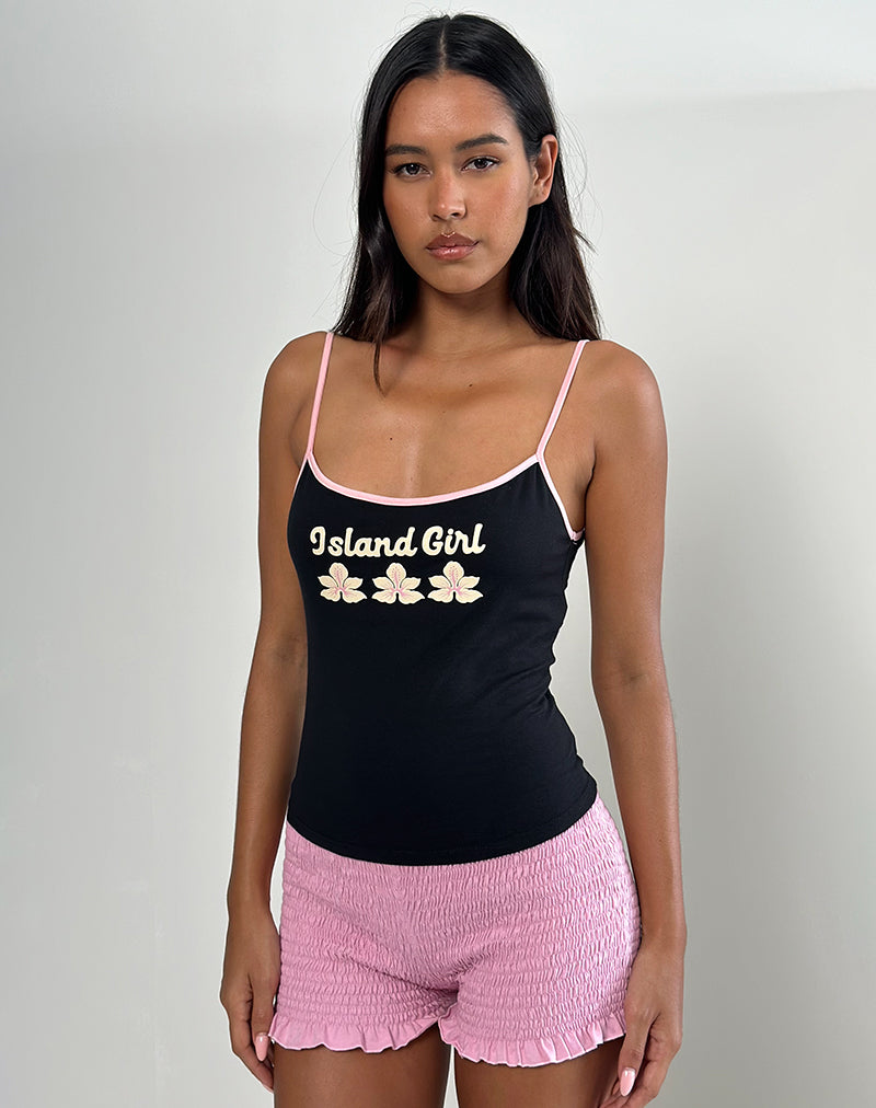 Image of Solani Cami Top in Black with Baby Pink Binding and Island Girl Print