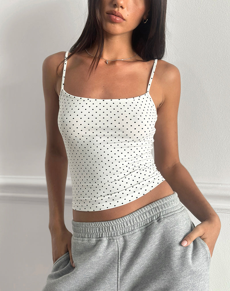 Image of Solay Cami Top in White with Black Micro Polka Print