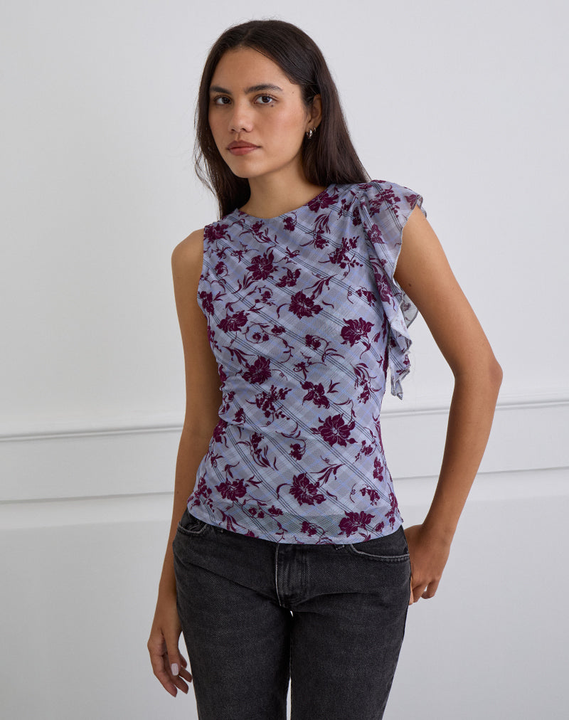 Image of Soyan Asymmetric Top in Lotus Flock Check Lavender