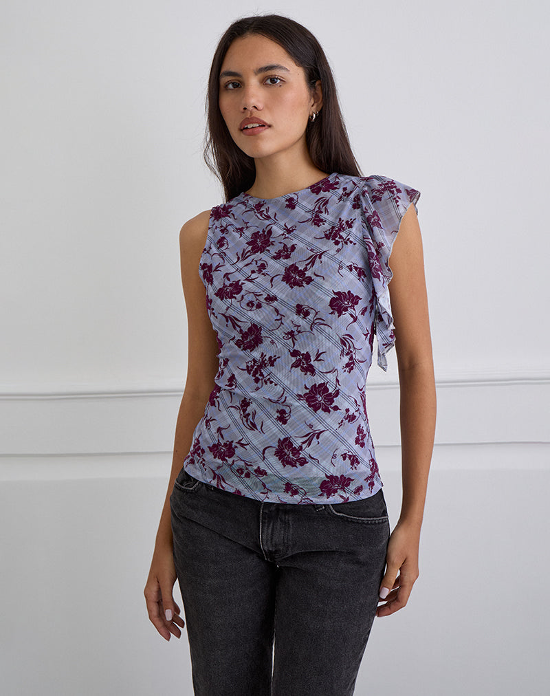 Image of Soyan Asymmetric Top in Lotus Flock Check Lavender