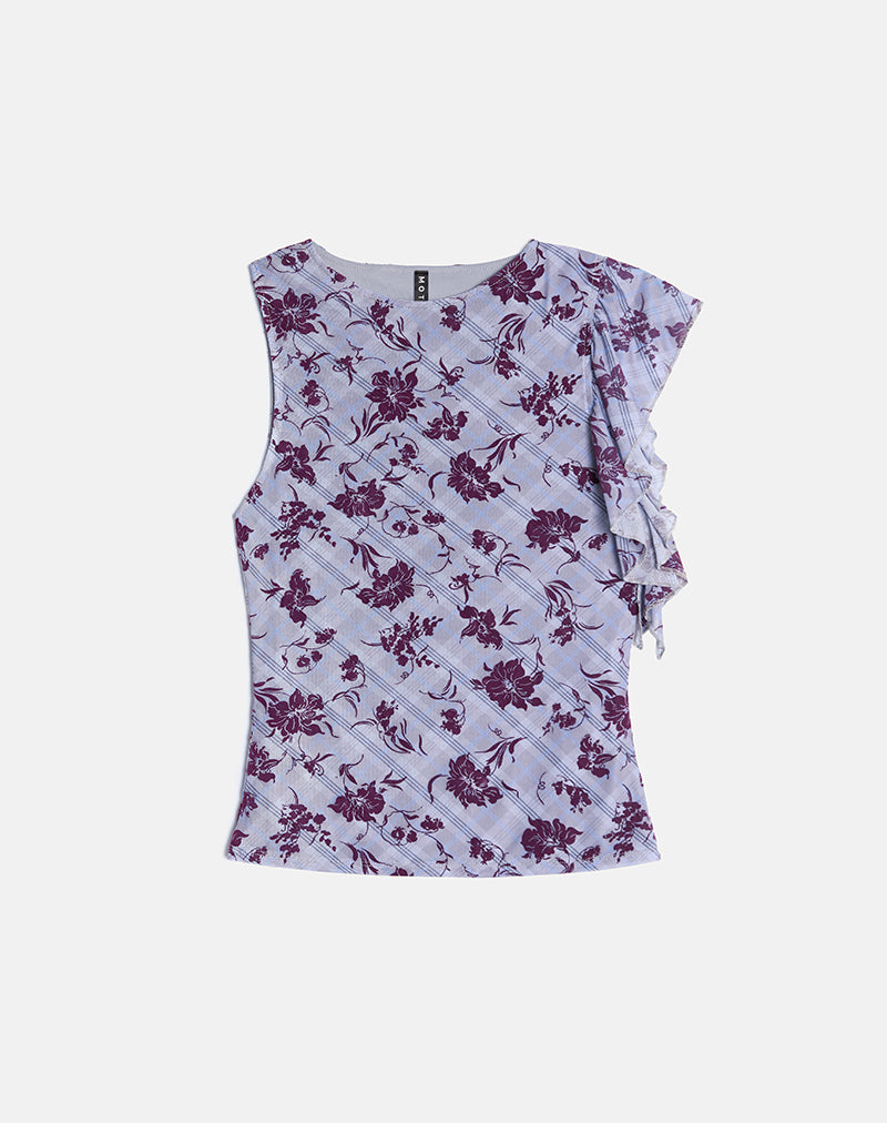 Soyan Asymmetric Top in Lotus Flock Check Lavender (Top asymétrique en flocon de lotus à carreaux)