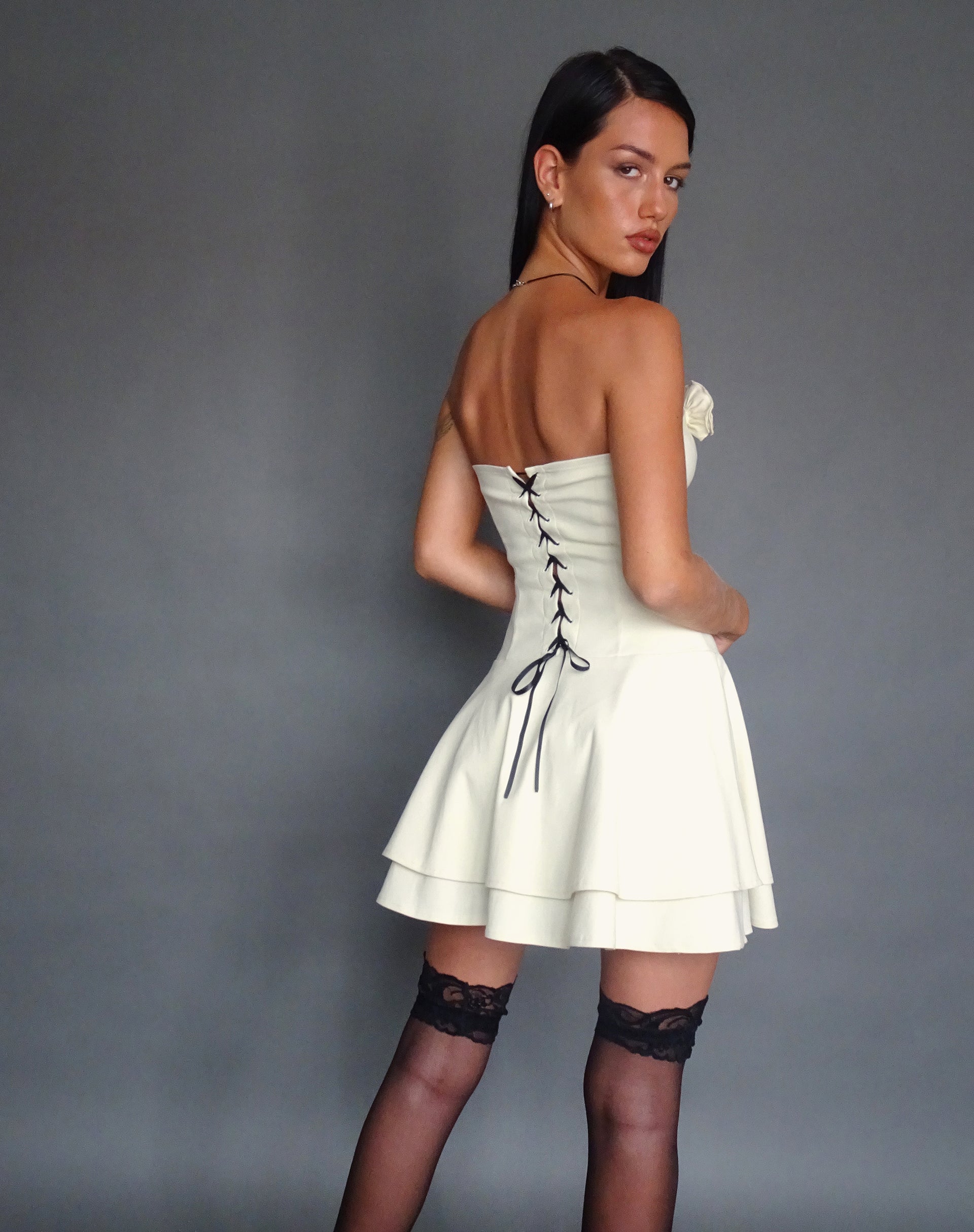 Image of Striata Mini Dress in Cream with Rosette