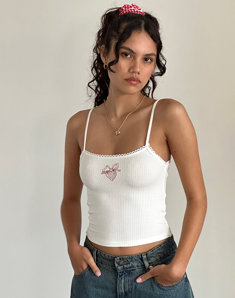 Top de gilet Suna en blanc cassé avec imprimé de nœuds en forme de fraises