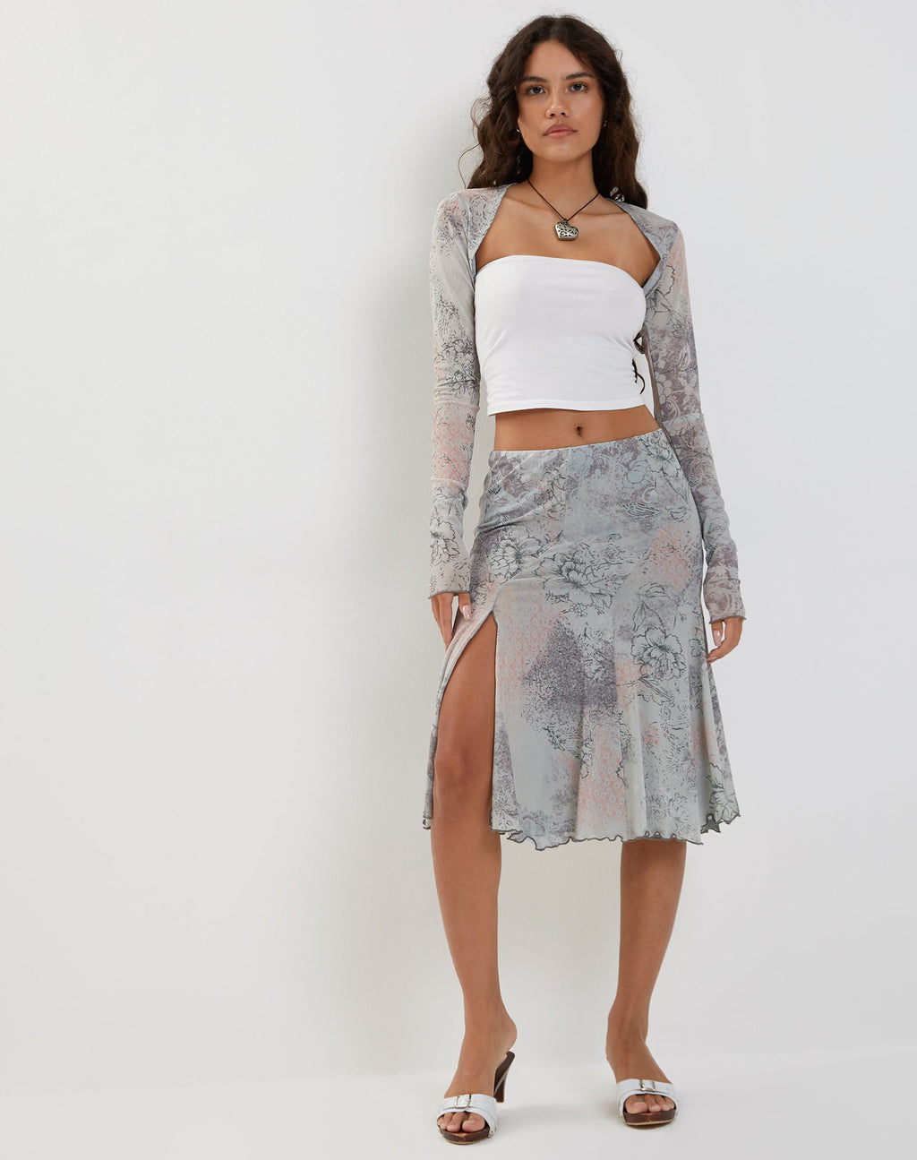 Jupe midi Sloane, dentelle florale pastel