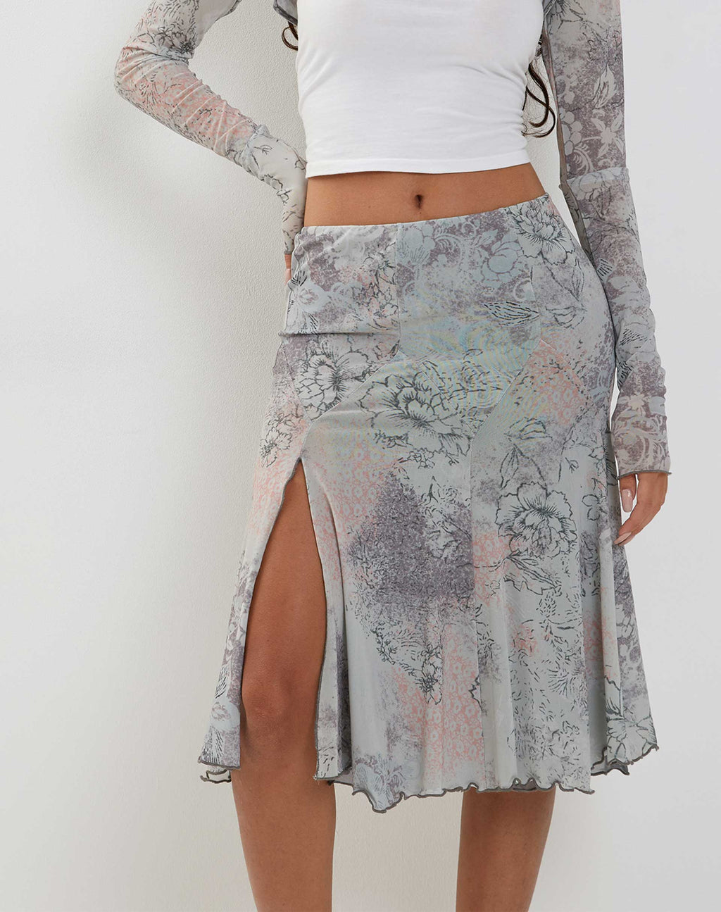 Jupe midi Sloane, dentelle florale pastel