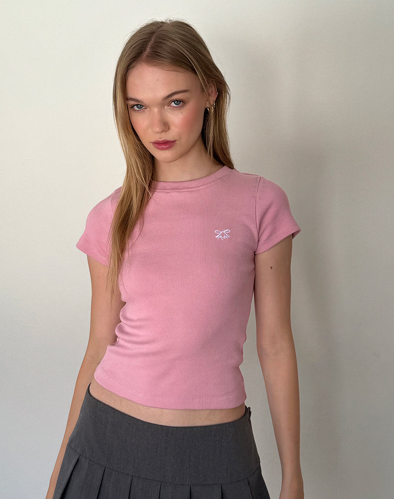 Tee-shirt Suti à côtes en rose flamant avec broderie de nœuds blancs