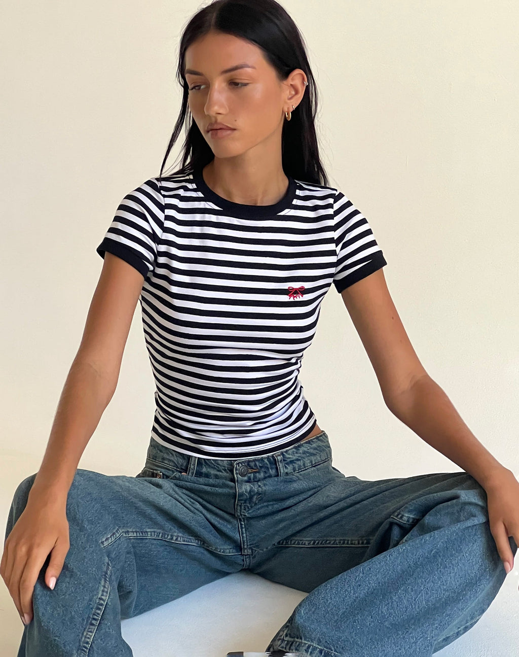 Tee-shirt Sutin à rayures noires et blanches avec broderie M