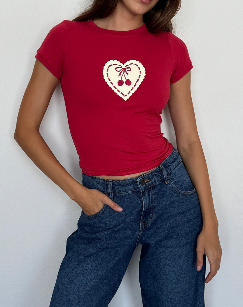 Tee-shirt Sutin Baby en rouge adrénaline avec cœur brodé en forme de cerise