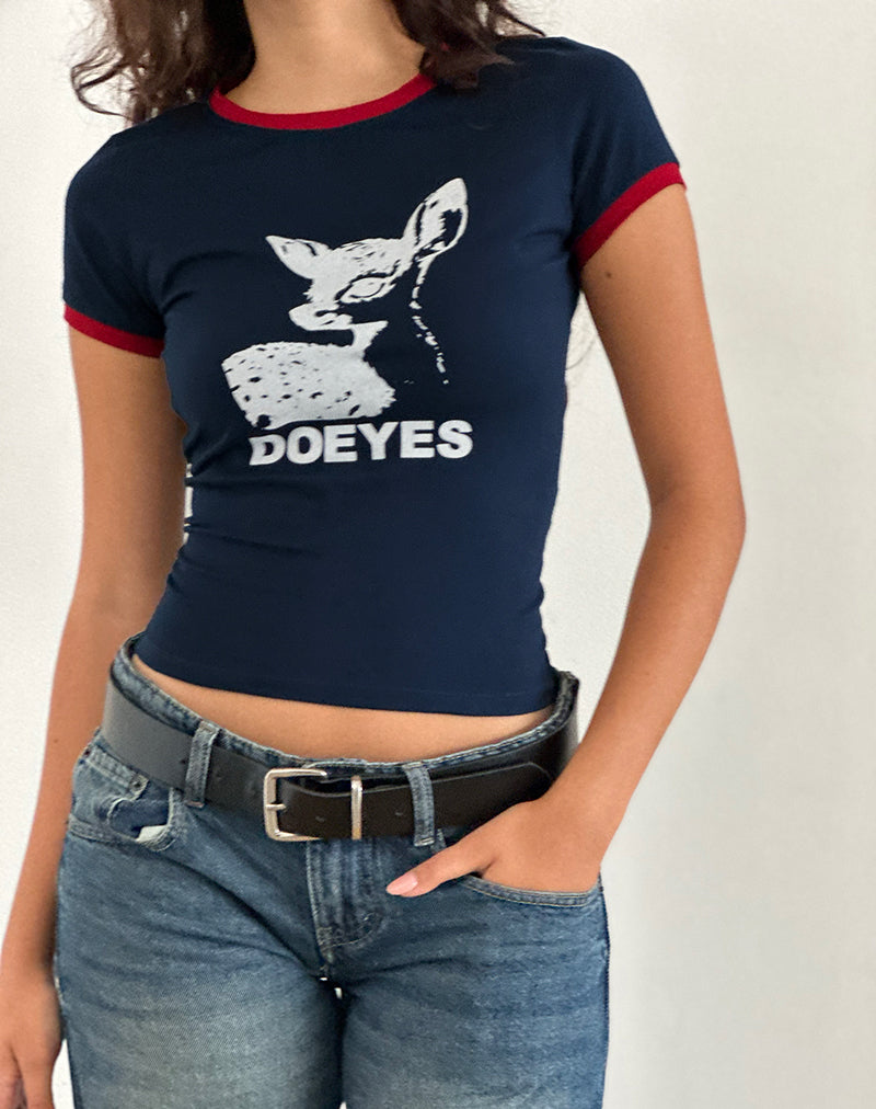 Tee-shirt Sutin en bleu marine avec bordure rouge et graphique Doeyes