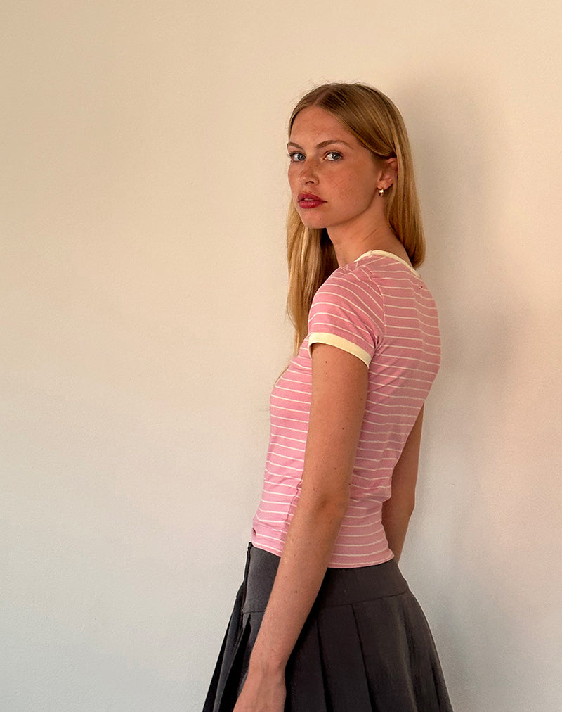 Image de Sutin Baby Tee in Pink Stripe Combi Cherry Embroidery