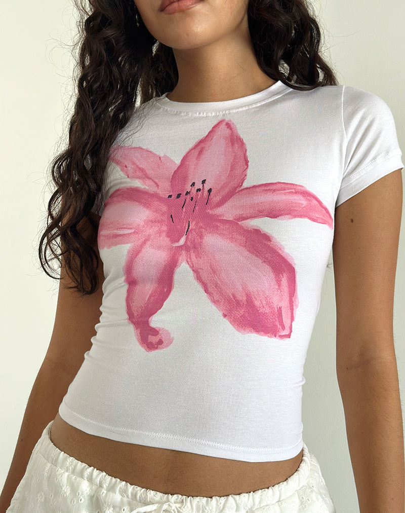 Image de Sutin Tee en blanc avec fleur peinte rose
