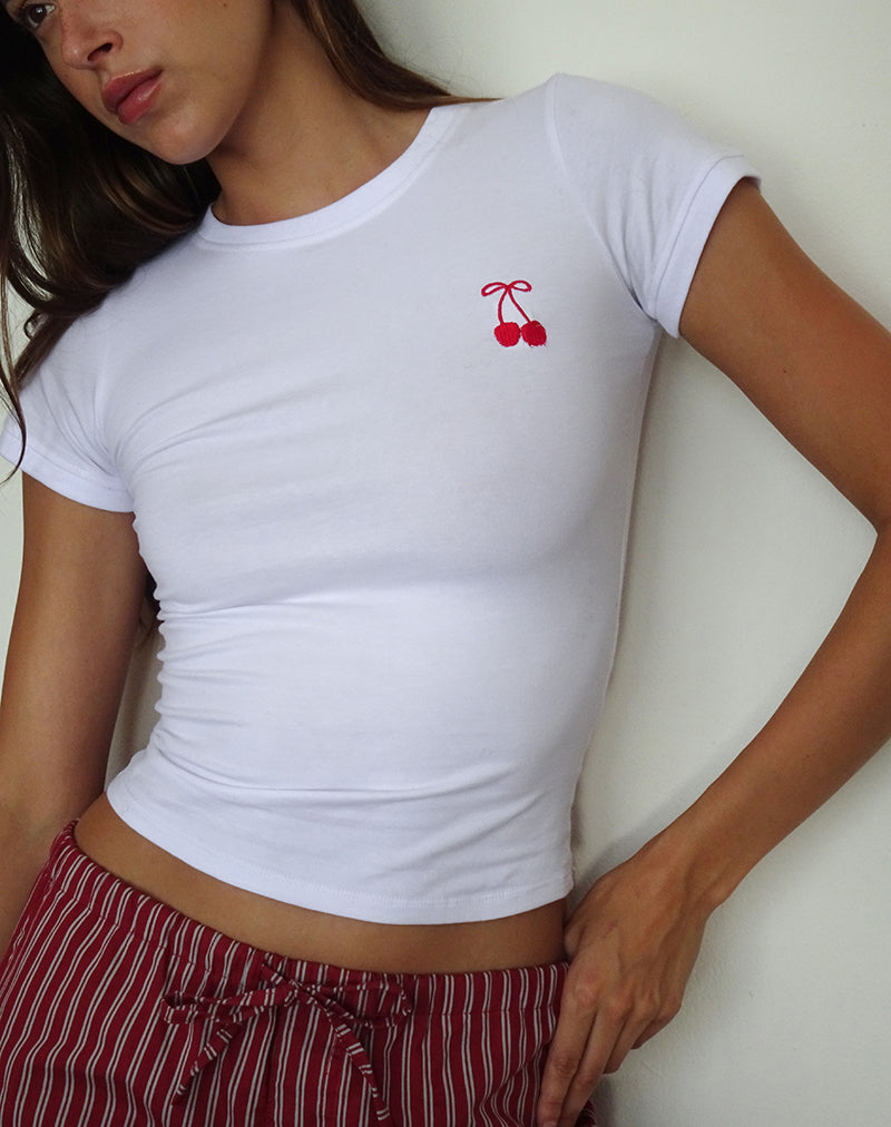 Image de Sutin Tee en blanc avec broderie cerise rouge