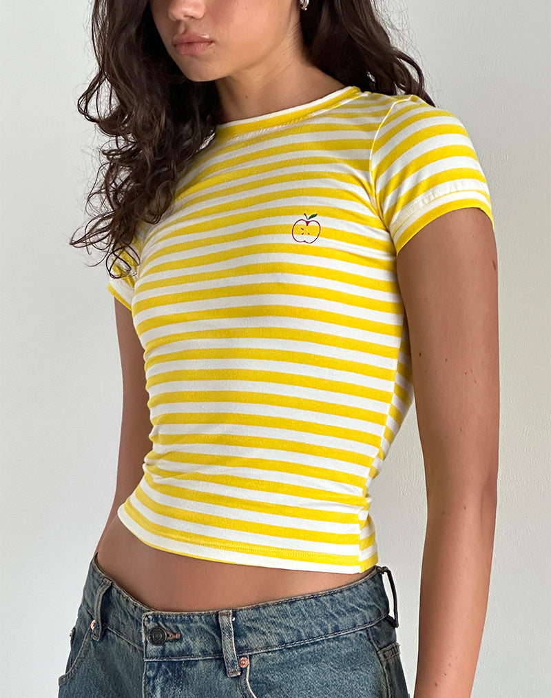 Tee-shirt Sutin en jaune avec imprimé pomme à rayures blanches