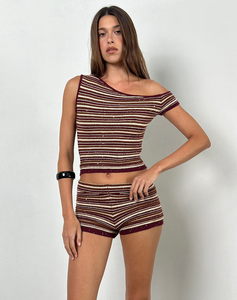 Image of Tamia Off Shoulder Top in Shimmer Stripe Knit Rust