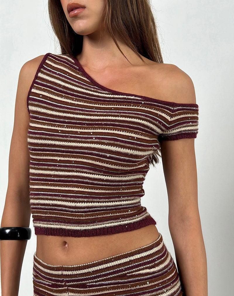Image of Tamia Off Shoulder Top in Shimmer Stripe Knit Rust