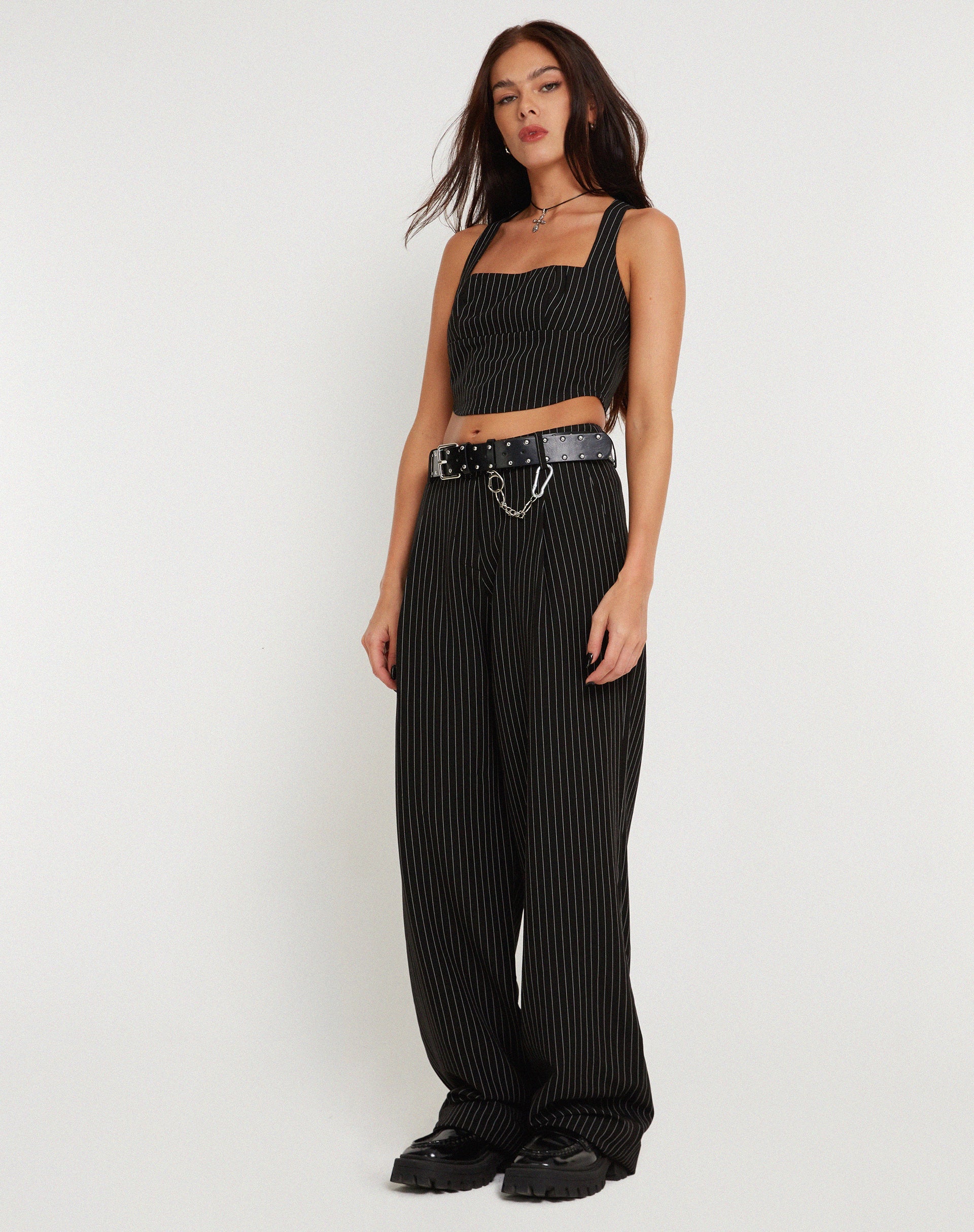 Image de Saskira Wide Leg Trouser in Pinstripe Black
