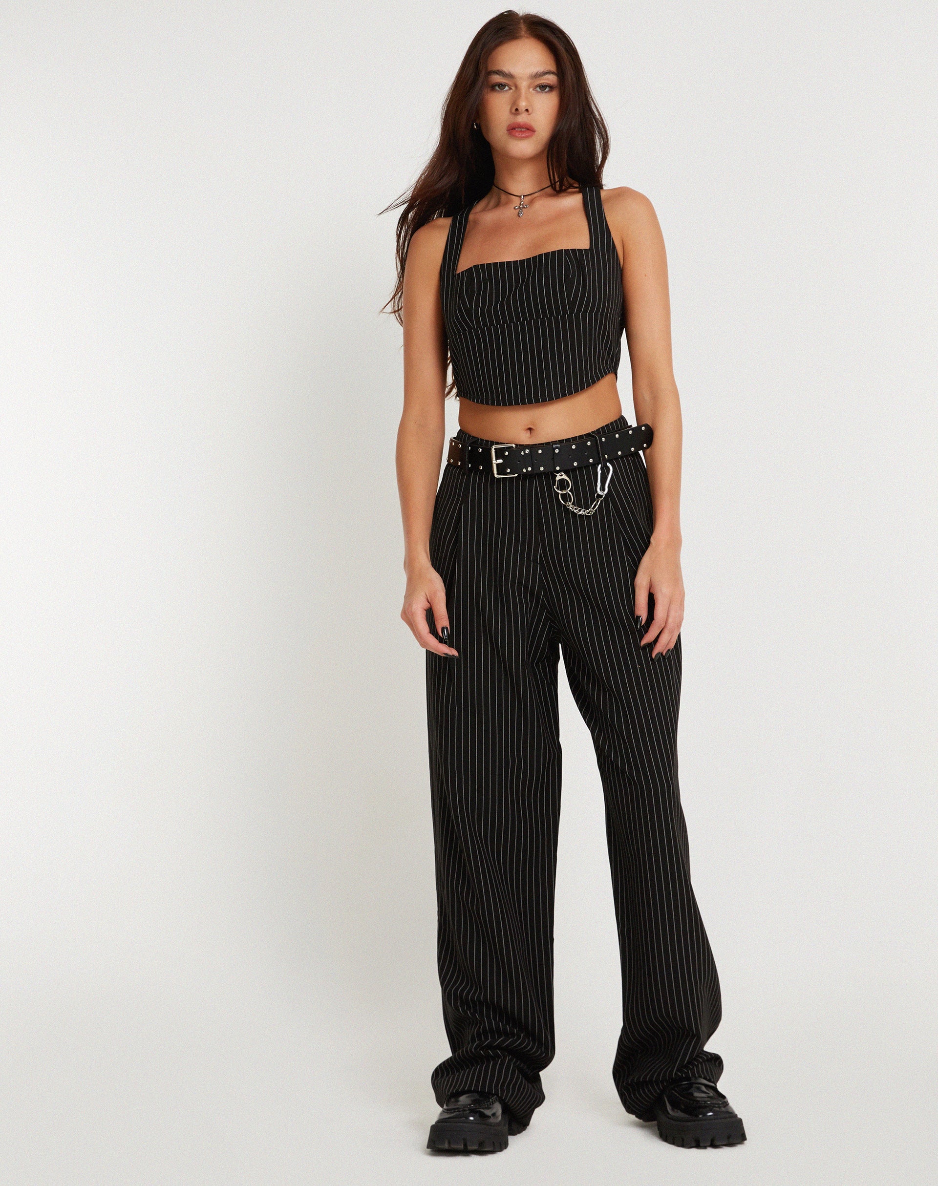 Image de Saskira Wide Leg Trouser in Pinstripe Black