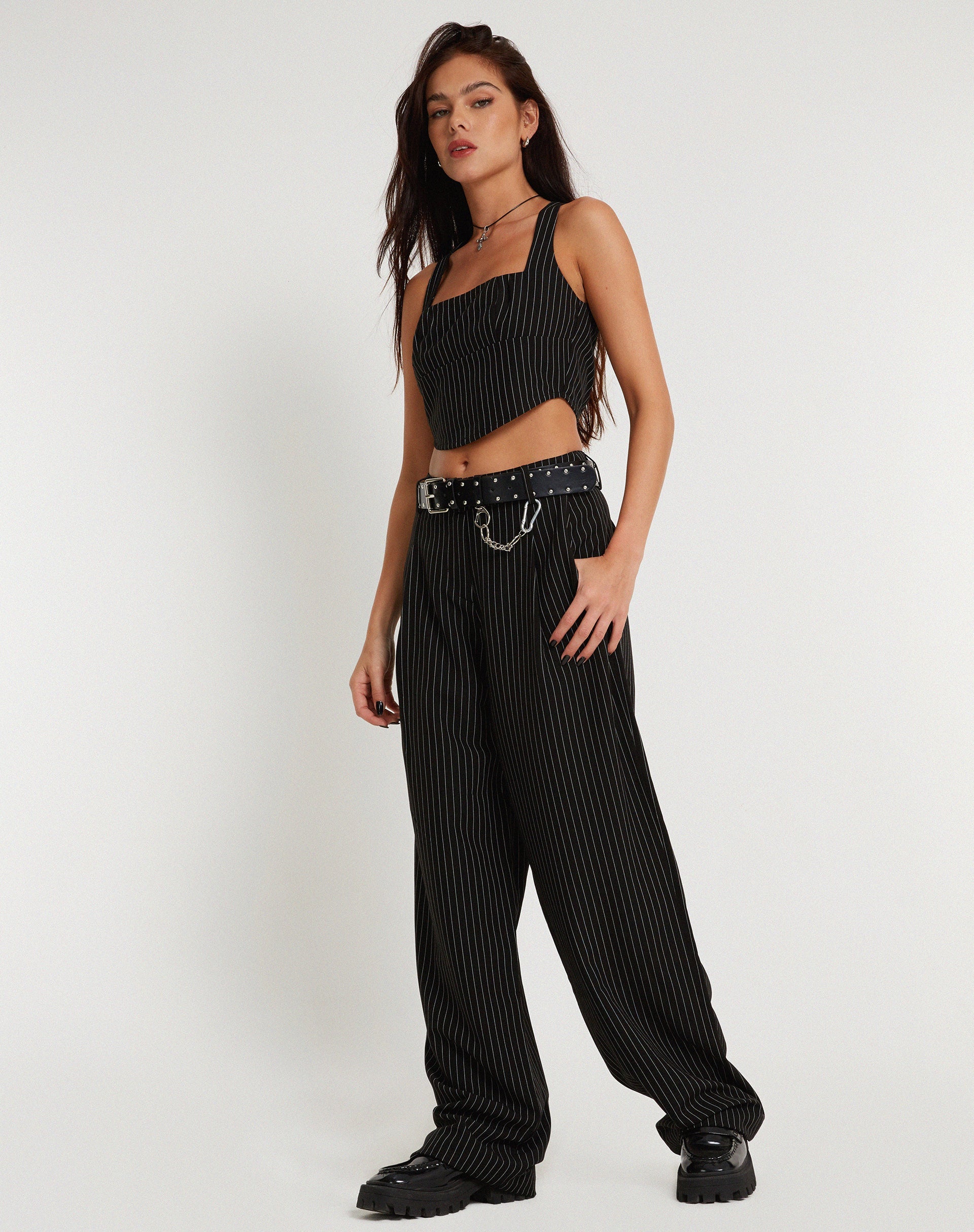 Image de Saskira Wide Leg Trouser in Pinstripe Black