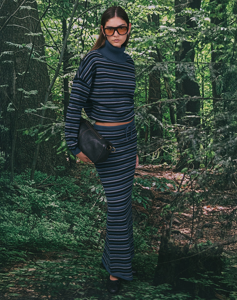 Image de la jupe longue Tarmina en tricot rayé bleu et gris