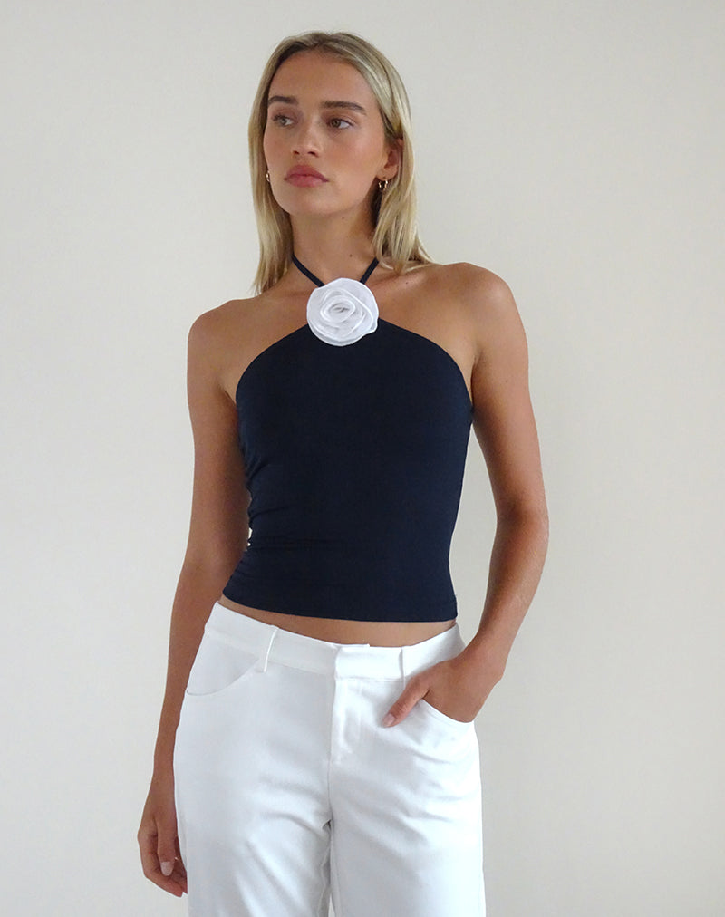 Tarrina Halterneck Top in Dark Navy with White Rosette (Top dos nu en marine foncée avec rosette blanche)