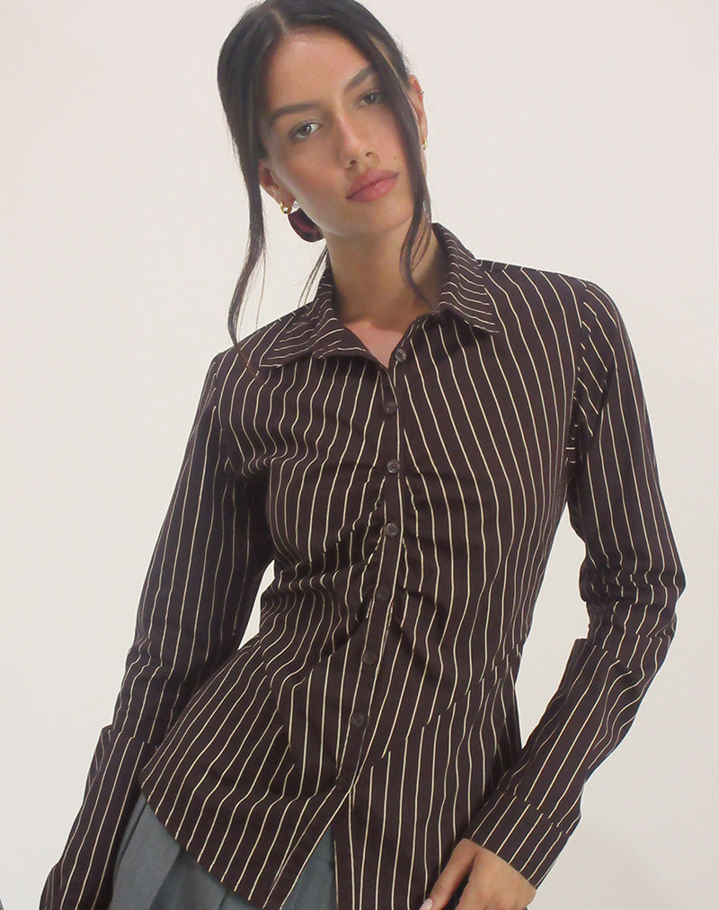 Image de Tarsi Fitted Shirt in Mono Pinstripe Chocolate