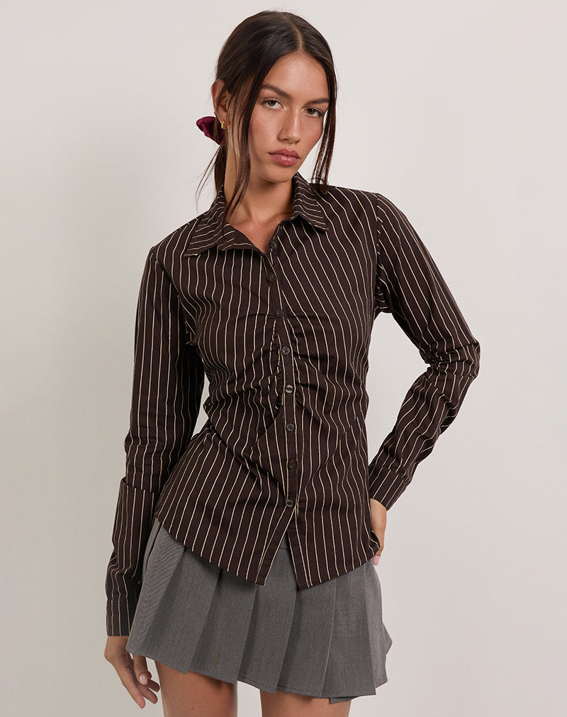 Image de Tarsi Fitted Shirt in Mono Pinstripe Chocolate