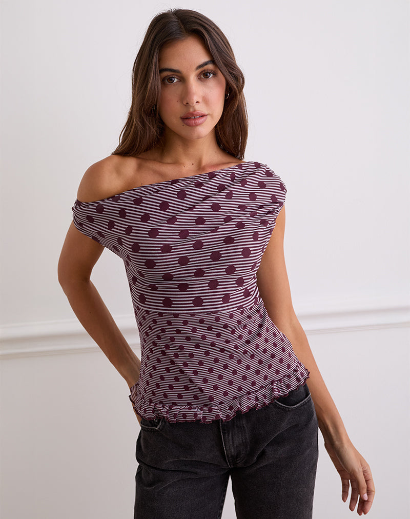 Tarya Asymmetric Top in Stripe Polka Plum (Top asymétrique à rayures)