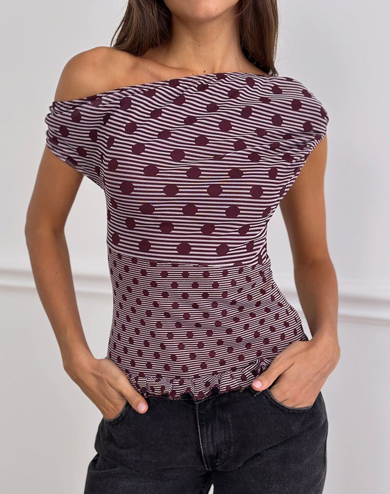 Tarya Asymmetric Top in Stripe Polka Plum (Top asymétrique à rayures)