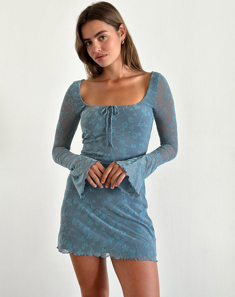 Tatyana Mini Robe en Grunge Floral Blue Grey