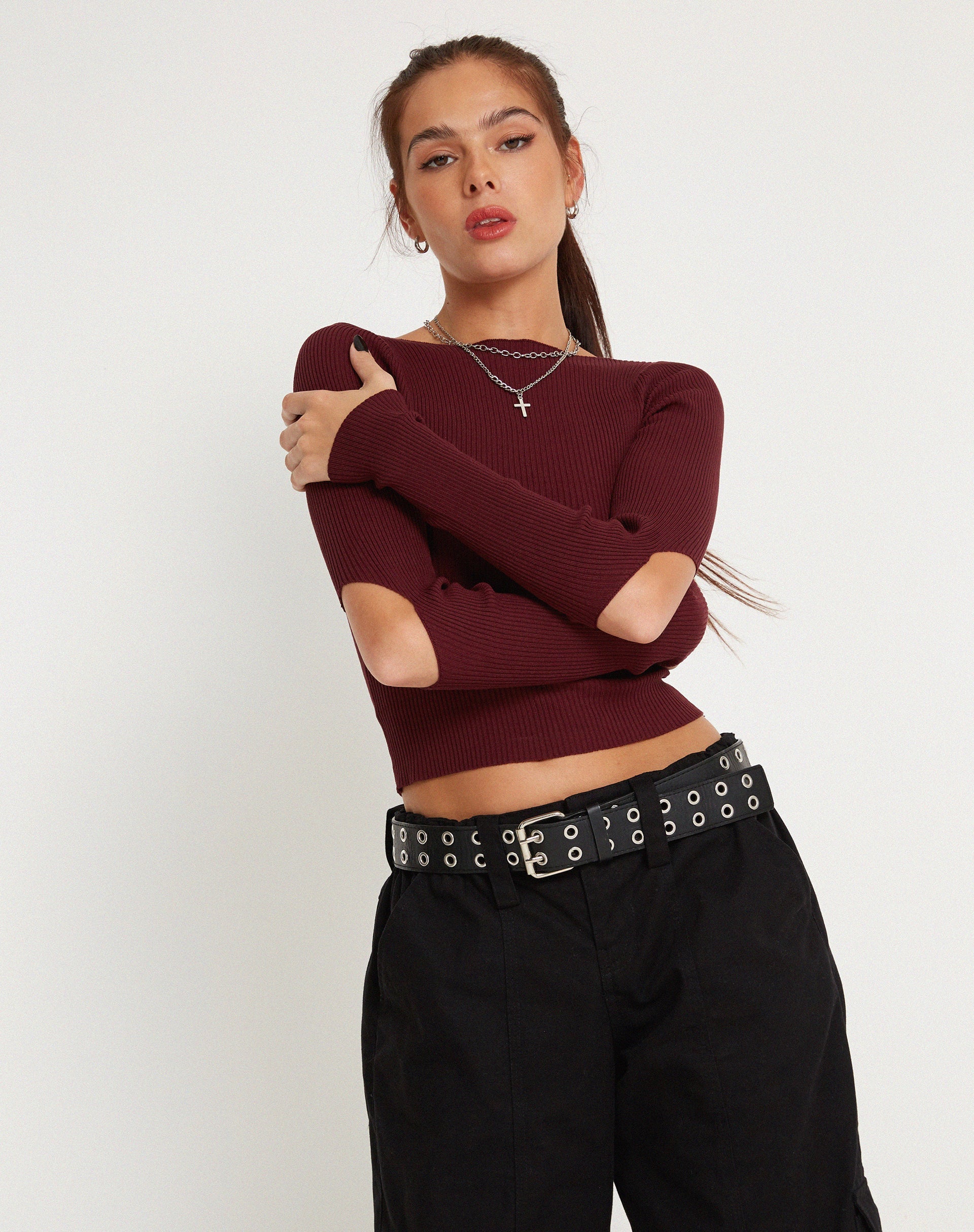 Image de Tayon Long Sleeve Crop Top in Marron