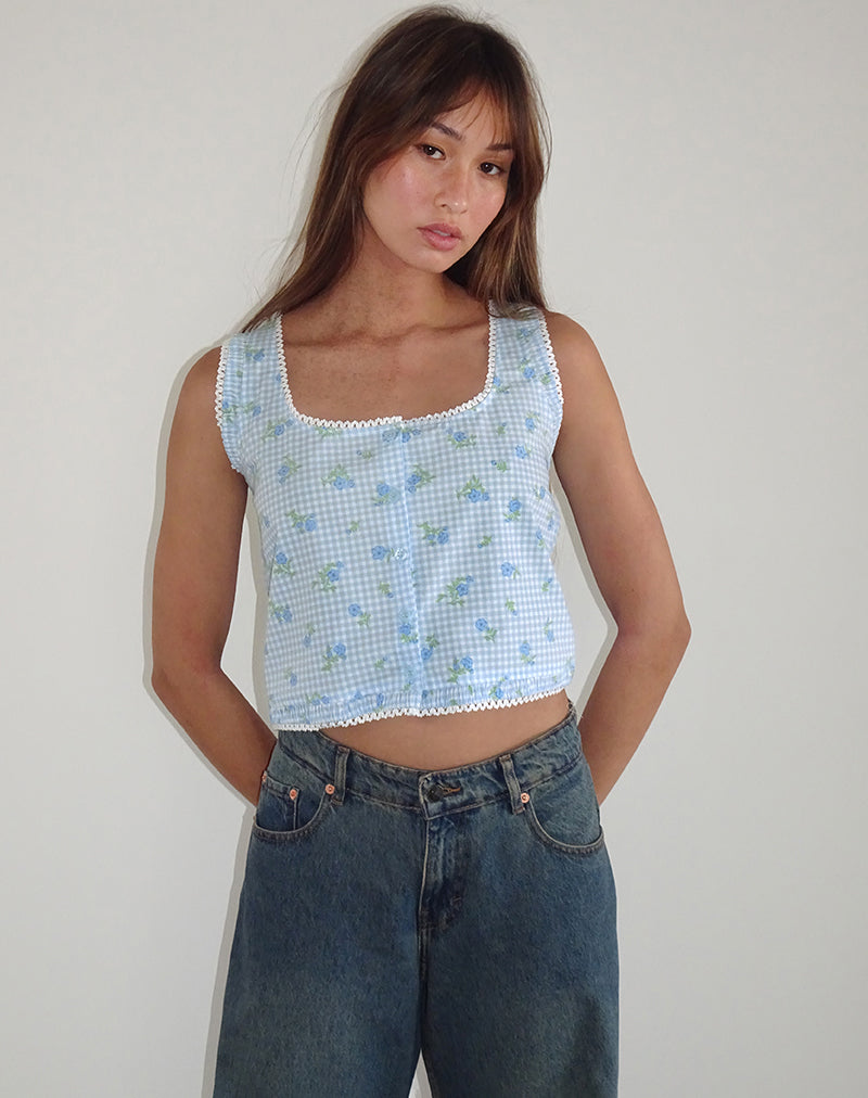 Top Ternya en vichy à fleurs bleues