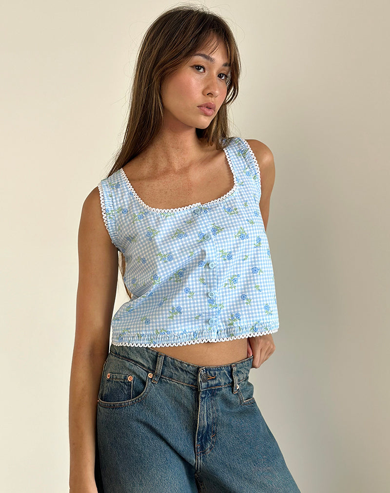 image de Ternya Top in Blue Flower Gingham