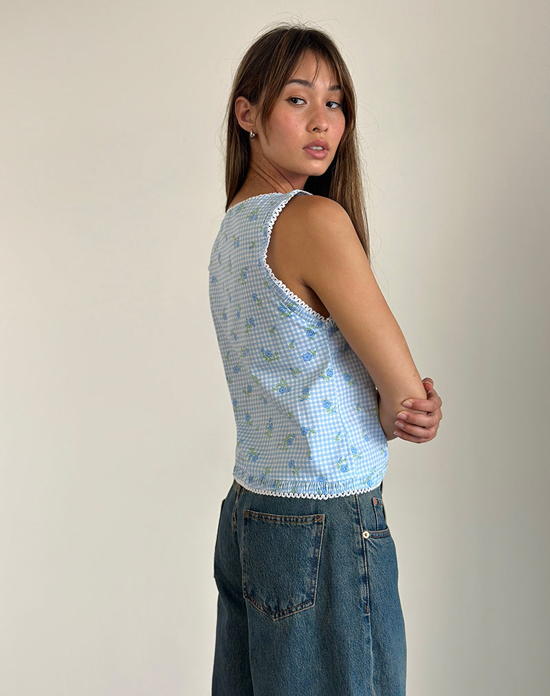 image de Ternya Top in Blue Flower Gingham
