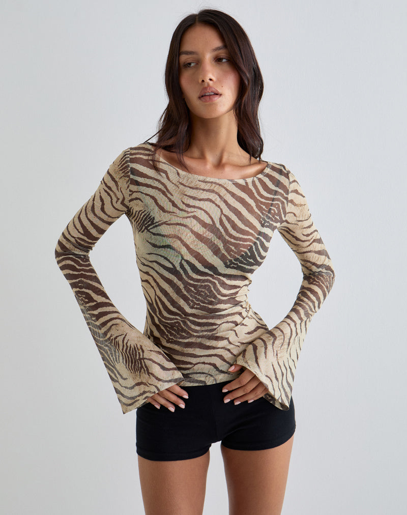 Image of Tineko Off Shoulder Long Sleeve Top in Wild Animal Neutral