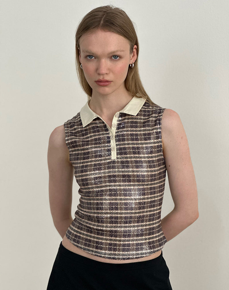 Polo Tisuka à carreaux vintage à paillettes, marron