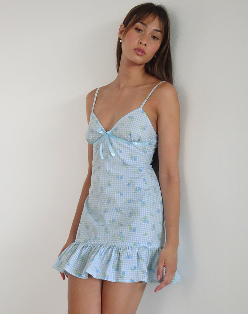 Mini robe Tivata en vichy fleuri bleu