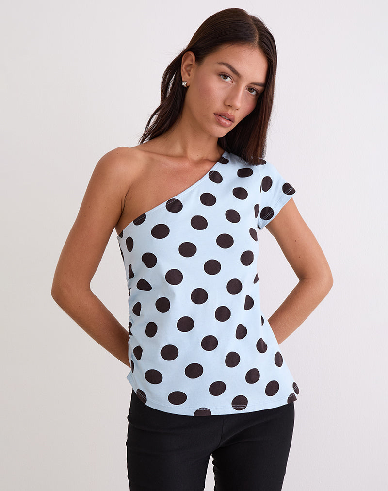 Image de Tokiwa - T-shirt à épaules asymétriques en gros bleu polka marron