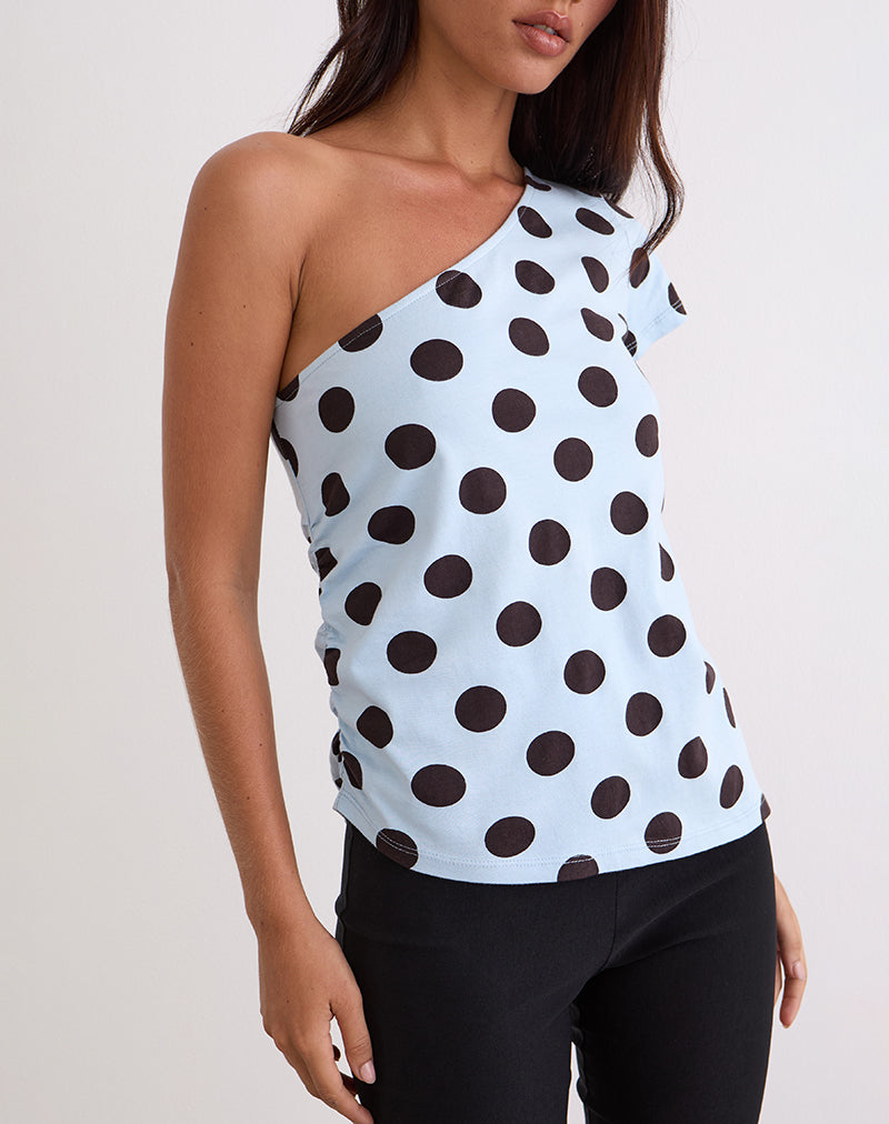 Image de Tokiwa - T-shirt à épaules asymétriques en gros bleu polka marron