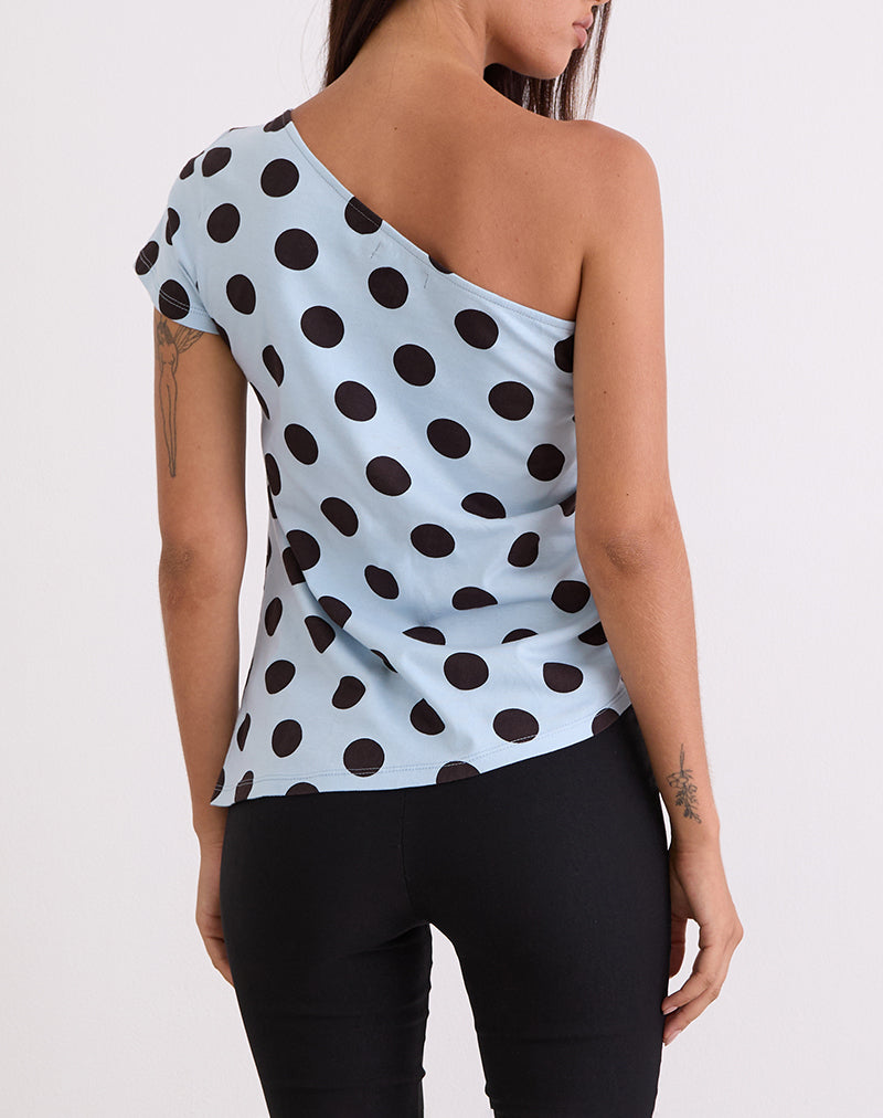 Image de Tokiwa - T-shirt à épaules asymétriques en gros bleu polka marron