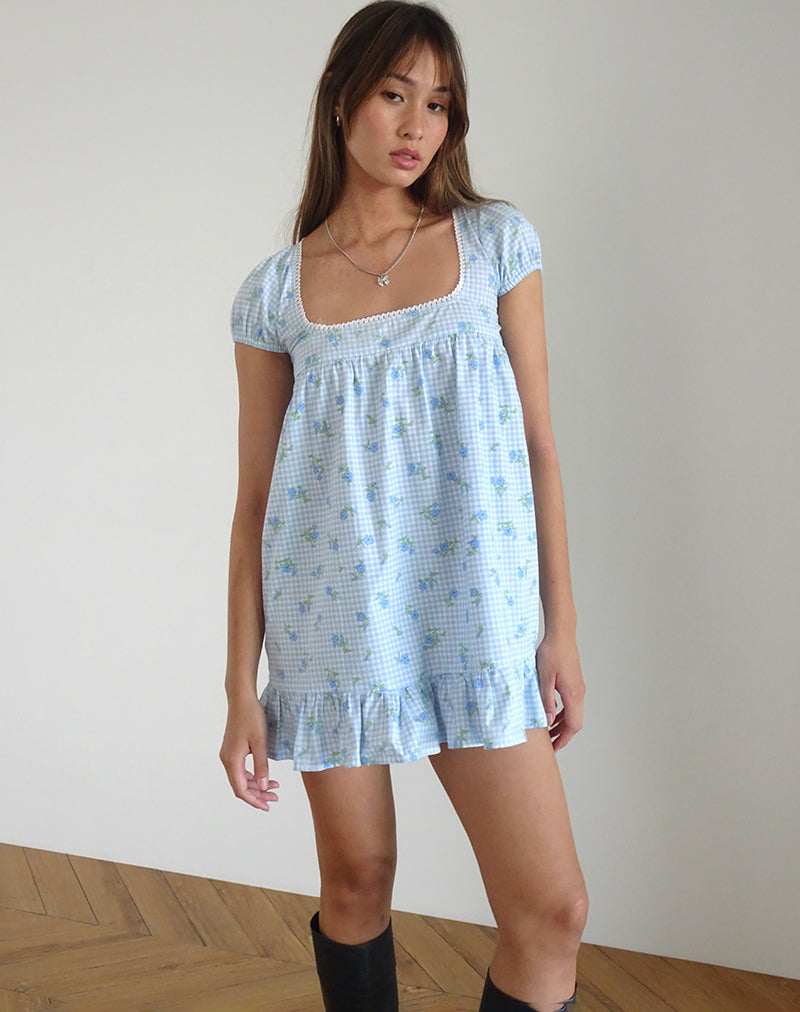Mini robe à bordures en vichy fleuri bleu