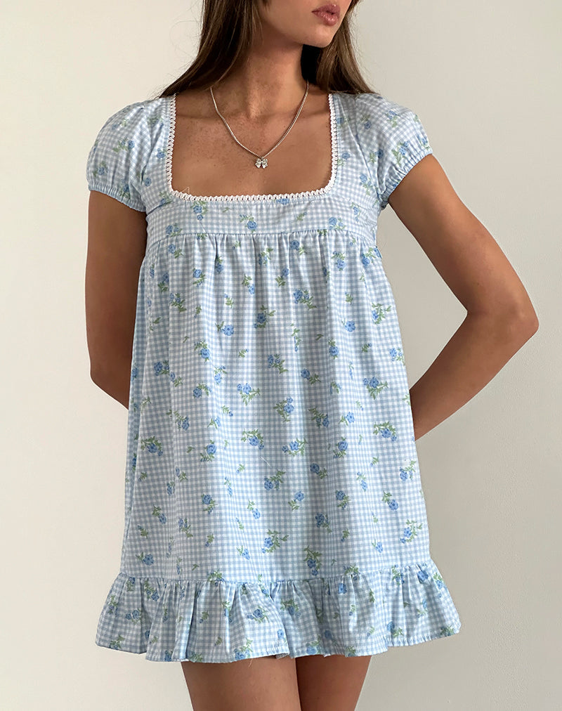 Mini robe à bordures en vichy fleuri bleu