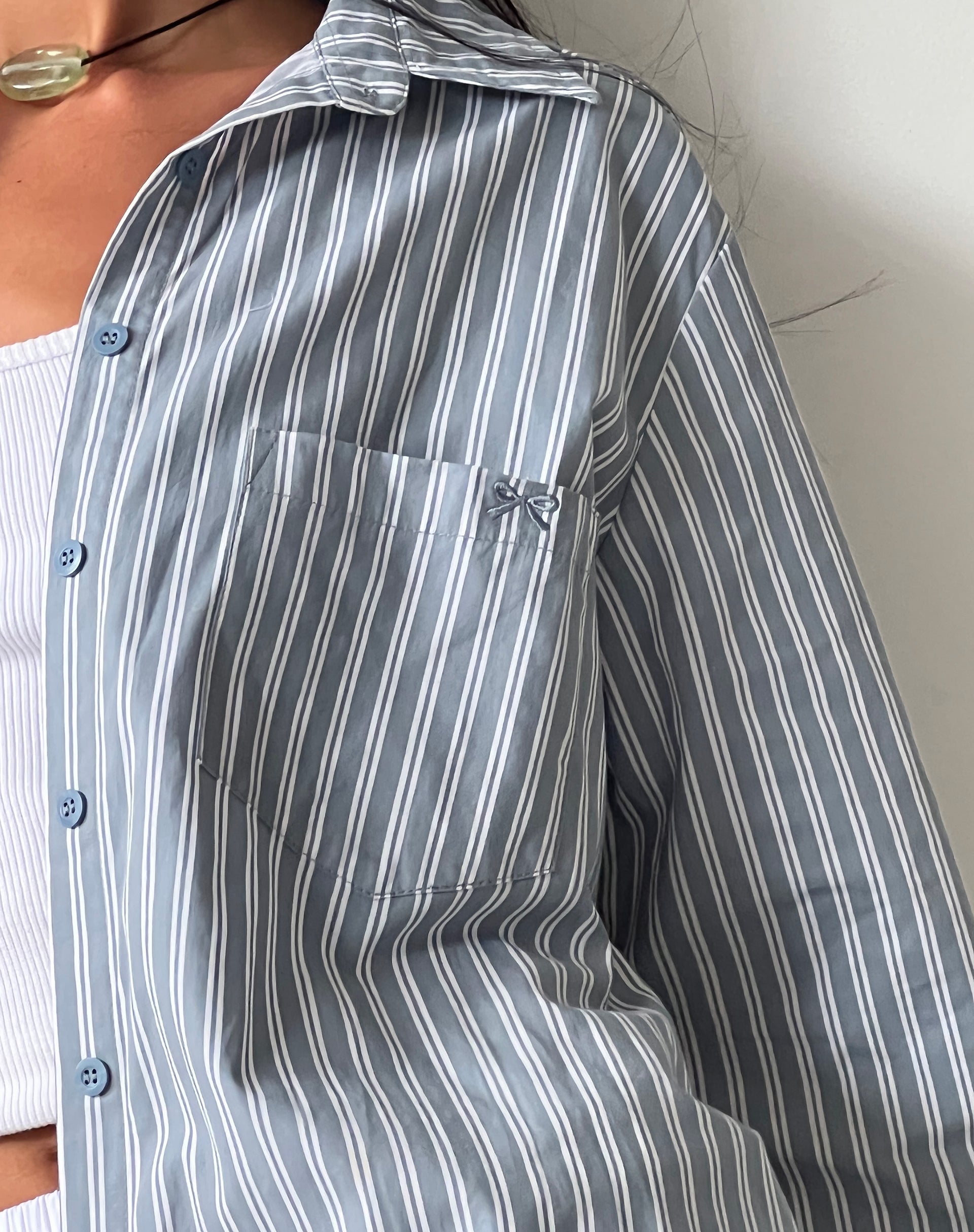 Image of MOTEL X JACQUIE Turner Shirt in Grey and White Stripe with M Embroidery