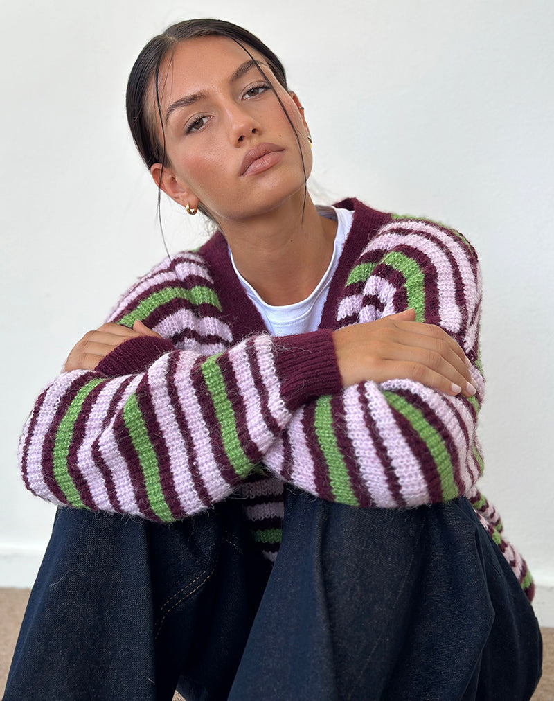 Image de Uriela Cardigan à rayures vertes, roses et bourgogne