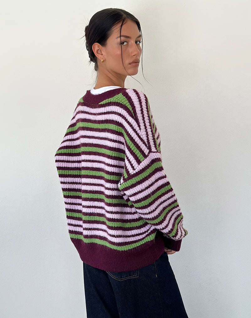 Image de Uriela Cardigan à rayures vertes, roses et bourgogne