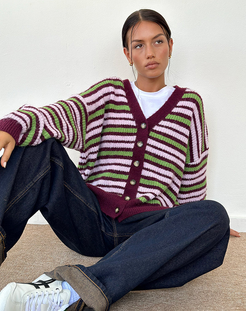 Cardigan Uriela à rayures vertes, roses et bourgogne