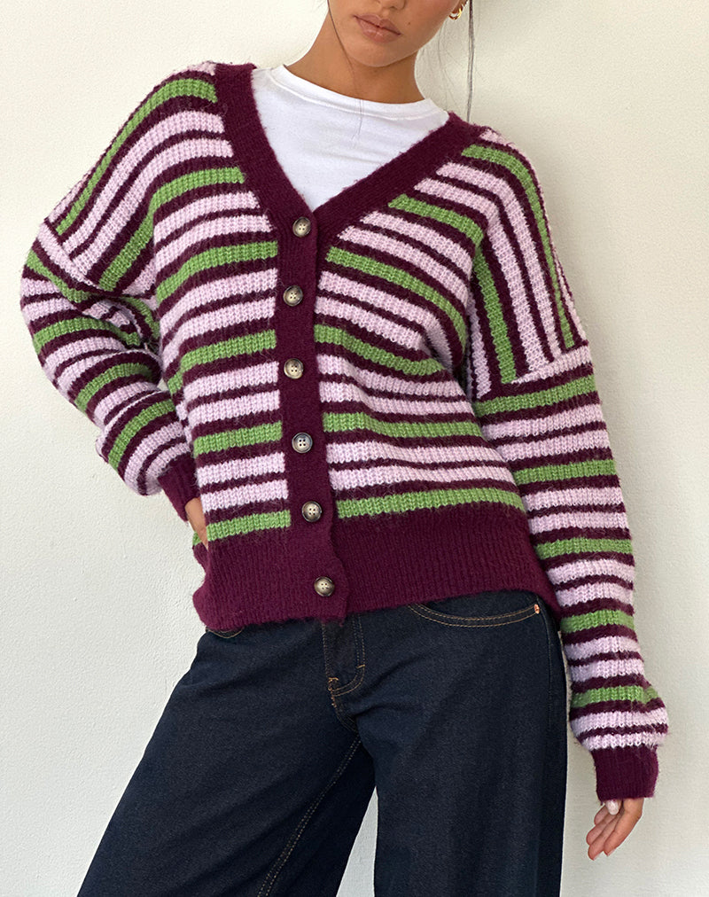 Cardigan Uriela à rayures vertes, roses et bourgogne