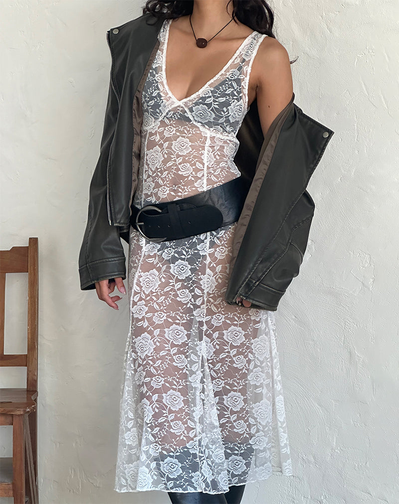 Robe midi non doublée Valea en dentelle Big Rose ivoire