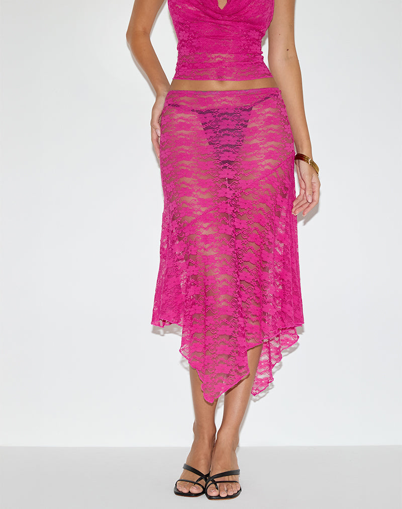 Jupe midi à taille basse Cinta, dentelle orchidée rose vif