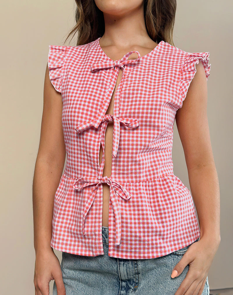 Image de Vataka Tie Front Top In Mini Gingham Peach